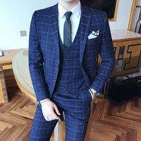jacket vest pants 2021 new male groom blue plaid slim wedding tuxedo 3 piece set mens social formal mariage dress terno