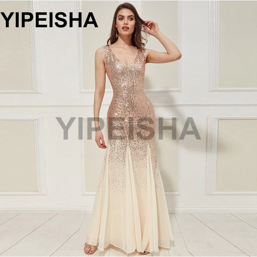 

Glittery Mermaid V-Neck Sleeveless Backless Evening Dresses Plus Size Sequined Modern Oversize Party Gown فساتين السهرة vestidos