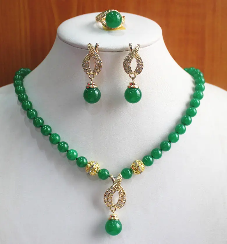 

Fashion 2 Colors Precious Jade Necklace Earring Ring(7/8/9)Jewelry Set