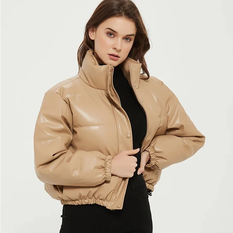 Парка женская короткая зимняя куртка бомбер из искусственной кожи элегантный