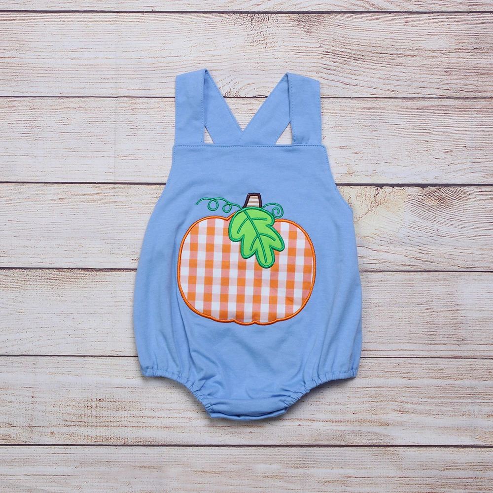 

Summer Clothes Boy Blue Sleeveless Strap Orange Plaid Pumpkin Green Leaf Embroidery Pattern Toddler Romper
