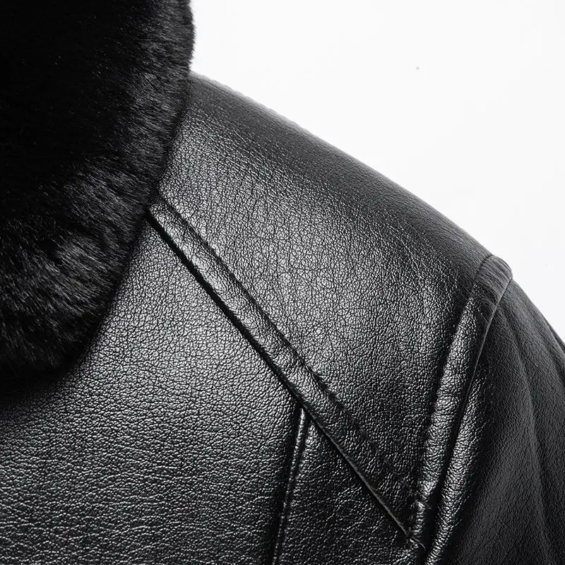 

Men 's Leather Jacket 2021 Winter Middle-Aged Korean Style Fur Lapel Long Sleeve Fleece Thick Leather Jacket