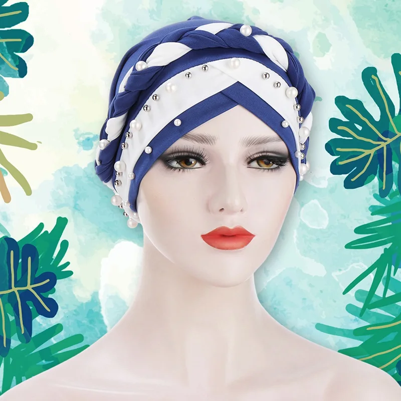 

Headscarf Cap Monochrome Braid Nailwhite Pearl Muslim Pleated Indian Hat Women Stretchable Patched Lady Scarf Turban