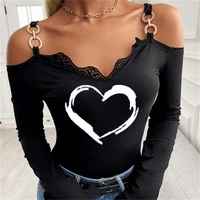 heart print long sleeve sling v neck tops women casual autumn winter sexy off shoulder t shirt blouse pullover t shirt