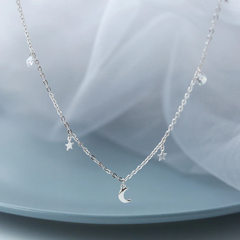 

Trendy 925 Sterling Silver Exquisite Stars & Moon Choker Necklace Shiny Zircon Necklaces Fine Jewelry For Women Gift NK043