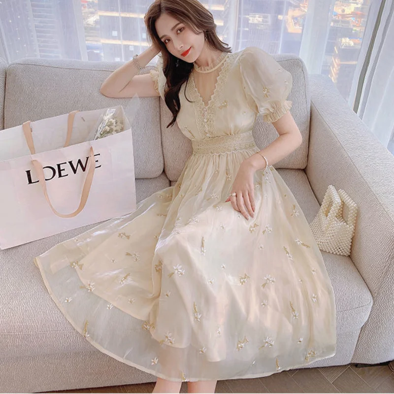 

Dresses Sleeve Princess Dress Casual Summer Elegant Dress Lace Party Puff V-neck Vintage Fairy French Retro Women Dresses Women