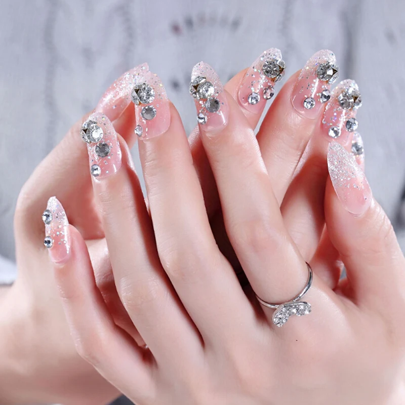 

24Pcs Transprent pink Rhinestone Tips False Nail Bride 3D Glue Design Art Nails