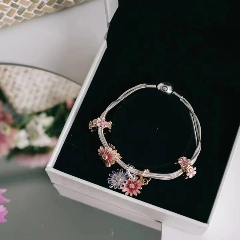 

2021 Spring New 925 Sterling Silver Reflexions DIY Icons Rose Moments Multi-Snake Two Tone Barrel Cat Clasp Snake Chain Bracelet