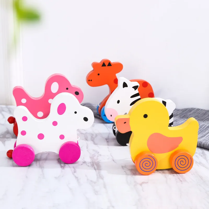 

Animal Zebra Giraffe Puppy Shape Trailer Wooden Cute Cartoon Animal Shape Pull Toy Early Education Puzzle