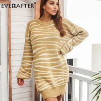 everafter knitted stripe sweater dress jumper loose long sleeve women winter warm sweater elegant patchwork o neck lady jumper