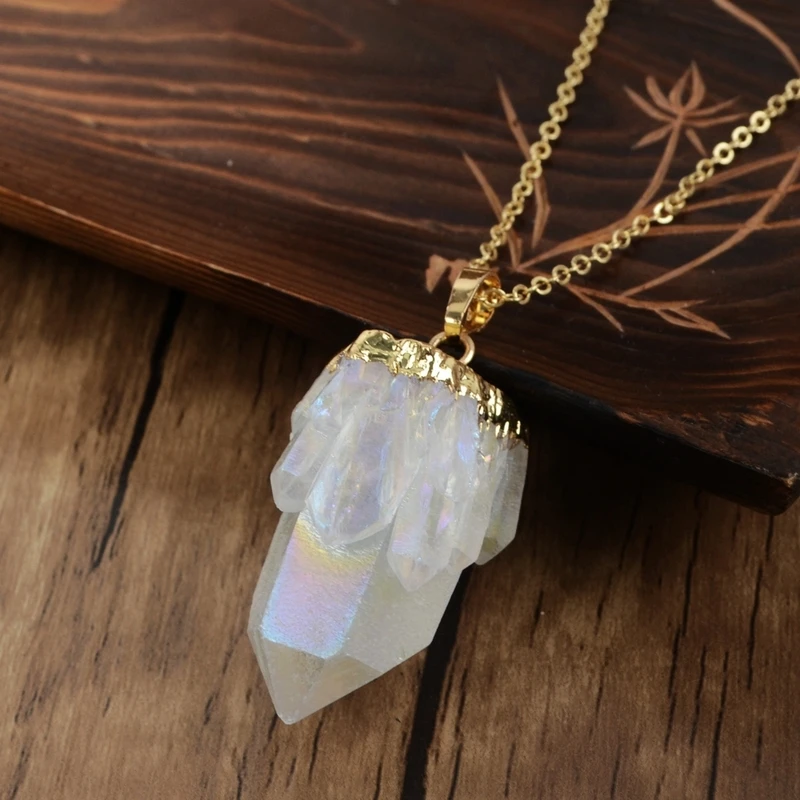 gold necklace Бохо Кристал острый ожерелье s натуральный белый кварц титан радуга острые Подвески золотое ожерелье женский серебряный кулон Прямая поставка - Окраска металла: gold necklace