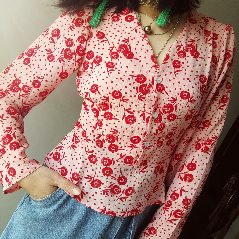 

Women Flower Print V Neck Shirt 2019 New Spring Summer Fresh Sweet Slim Fit Top