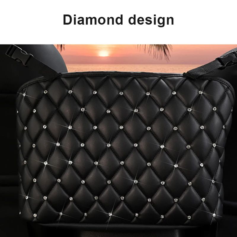 

Car Handbag Holder Leather Seat Back Organizer Rhinestone Large Capacity Bag Purse Storage Pocket Seat Back Net Bag PR Sale