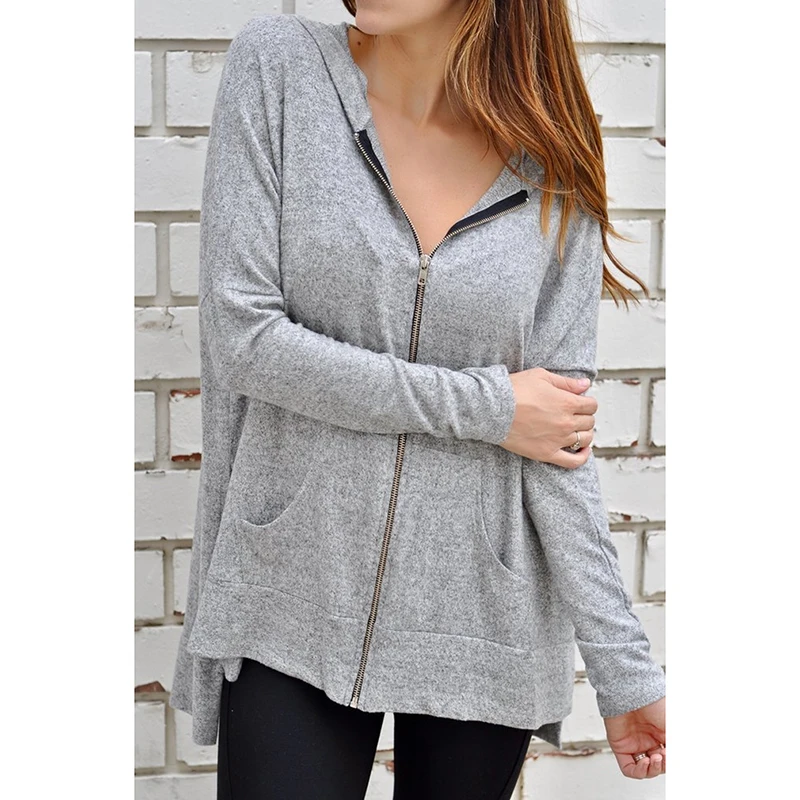 Повседневные женские толстовки с длинным рукавом одноцветные на молнии модные