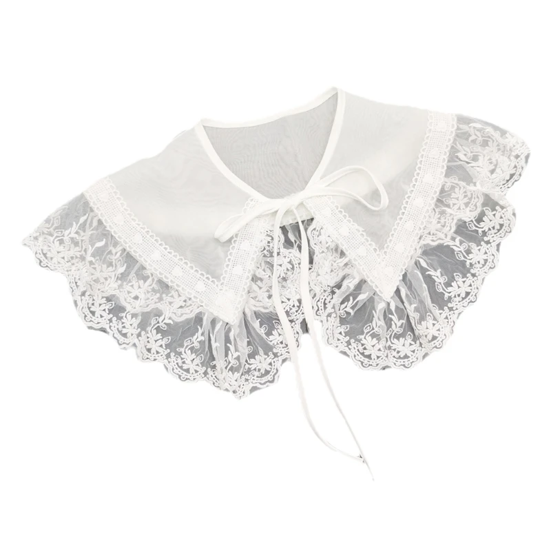 

Pastoral Mesh False Collar Shawl for Women Girls Ruffles Floral Lace Dickey Cape