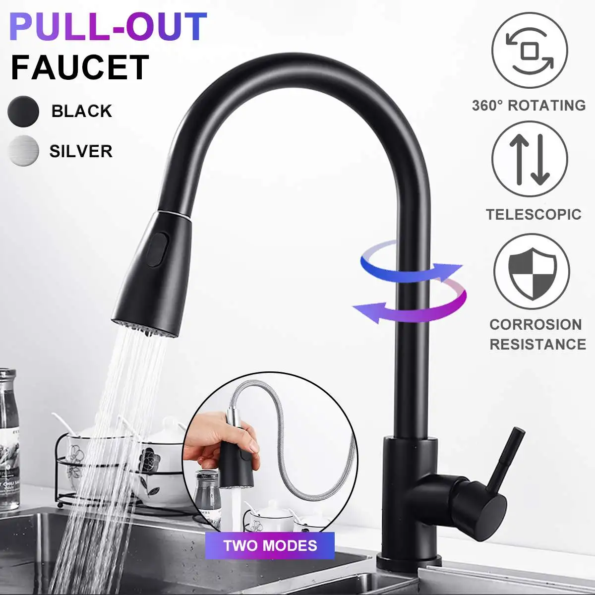 

Kitchen Faucet Black/Sliver Single Handle Pull Out Spout Kitchen Sink Mixer Tap Single Hole 360 Rotation Brushed Nickel Faucets