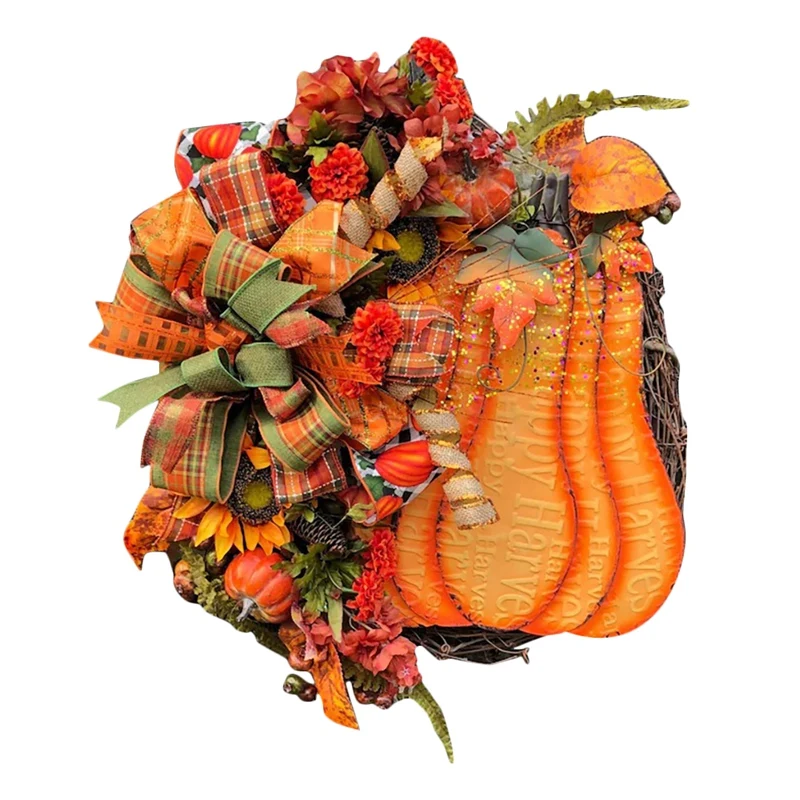 

Artificial Fall Pumpkin Floral Grapevine Wreath for Front Door Wall Window Farmhouse Autumn's Harvest Holiday Decoration