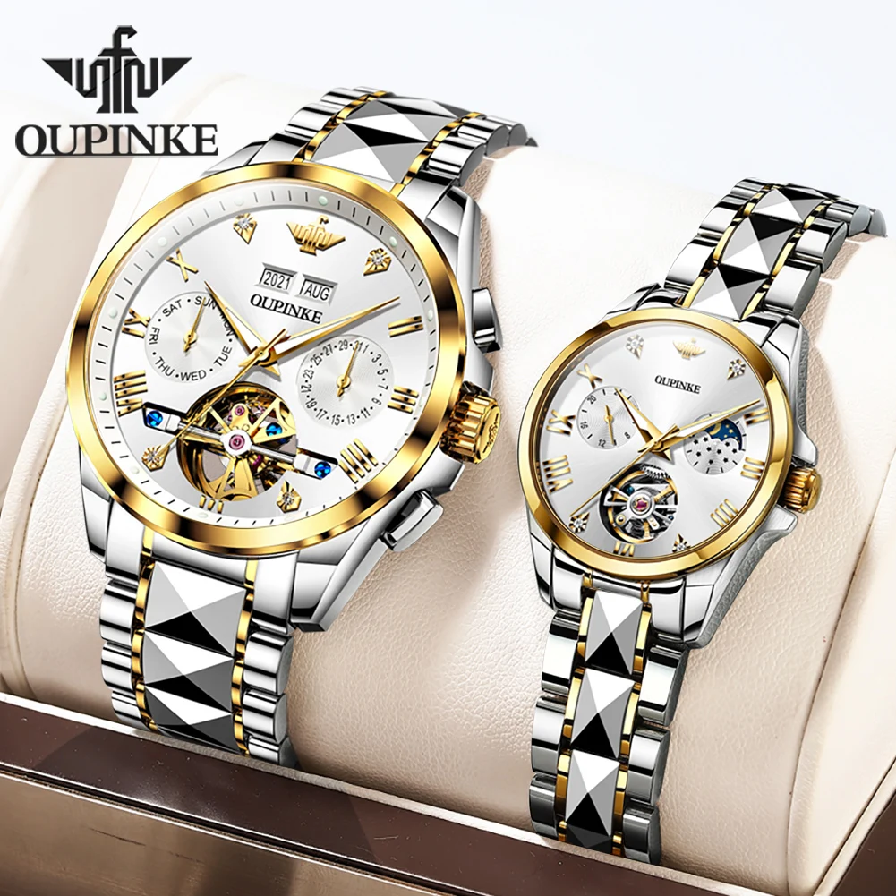 OUPINKE Original Luxury Brand Couple Watches Sapphire Mirror Waterproof Tourbillon His or Hers Automatic Mechanical Watch Set