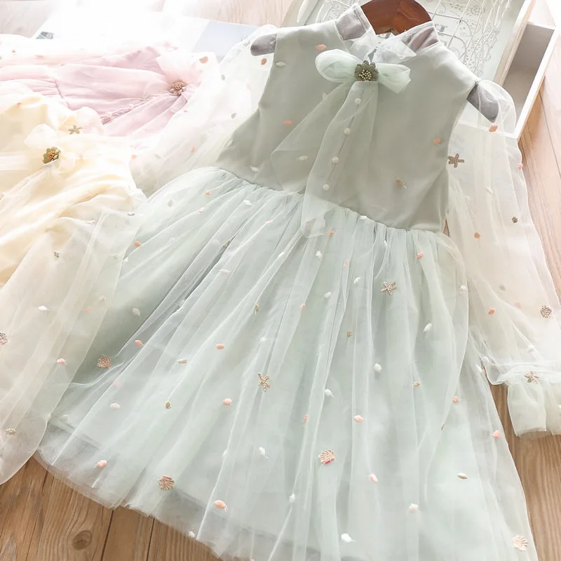 Детское платье из тюля с цветочной вышивкой и бантом принцессы длинными рукавами