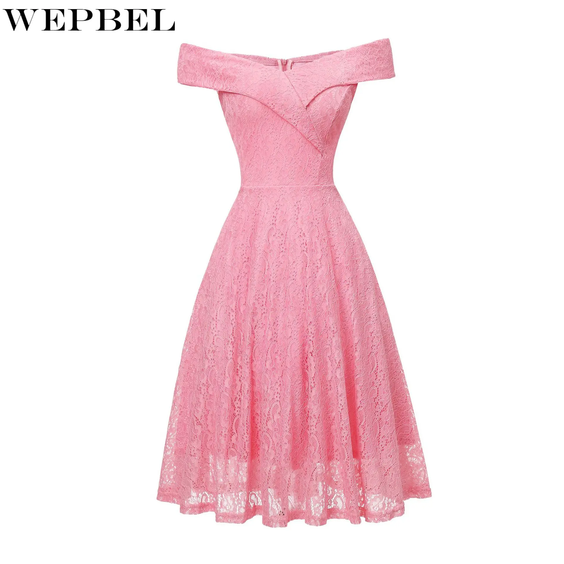 

WEPBEL Dress Women's Sexy Solid Color Lace Slim Dress Summer Fashion Short Sleeve High Waist Slash Neck Pleated Dress