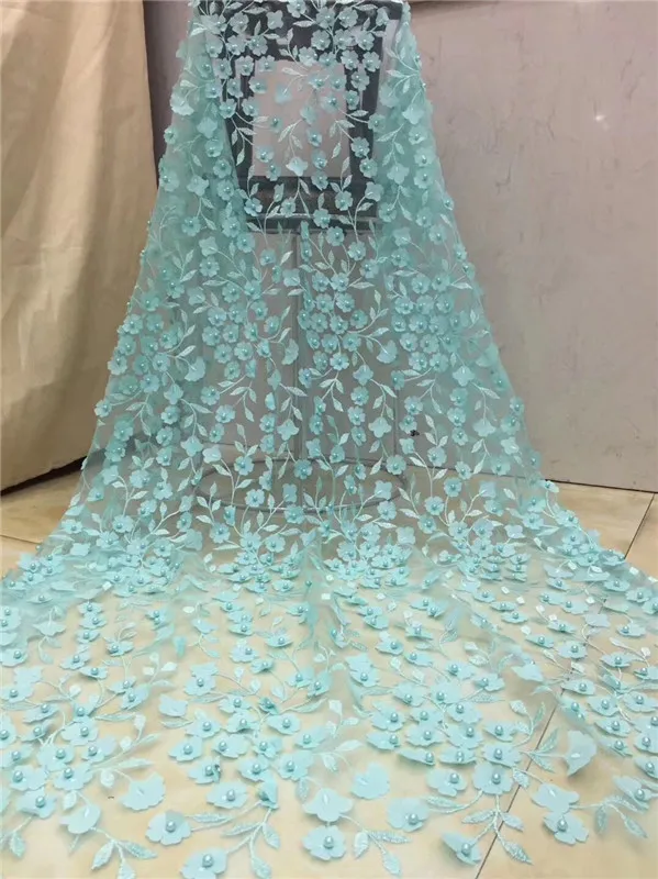 

Hot sale party net lace textile French tulle lace fabric with 3D appliqued and beads for sewing dress PDN845(5yards/lot)