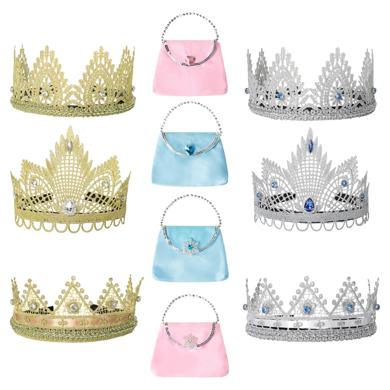 VOGUEON New Exquisite Girls Elsa Crown Queen Accessories for Children's Birthday Party Cosplay Elza Handbag Princess Wig Braids