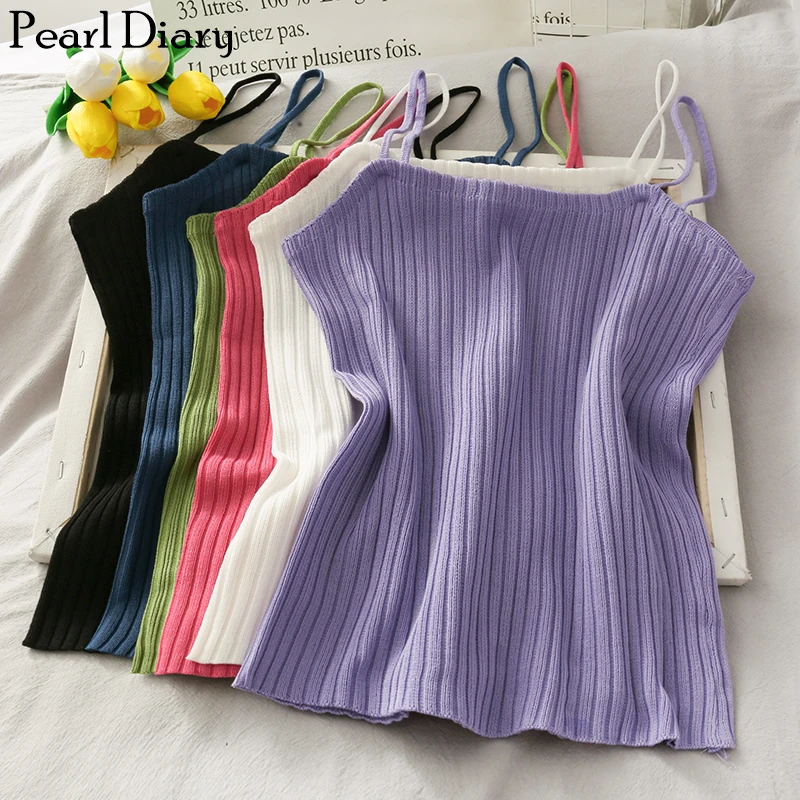 Купи Pearl Diary Slim Fit Camis Crop Top Sleeveless Camisole Solid Summer Knitting Casual Cute Top Streetwear Women Clothes 2020 за 297 рублей в магазине AliExpress