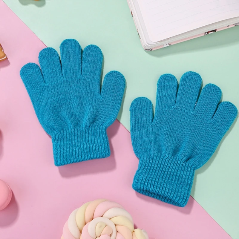 

6 Pairs Children Kids Winter Knitted Full Finger Gloves Student Neon Solid Color Outdoor Cycling Warm Magic Mittens