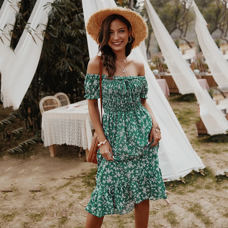 Женское пляжное платье с открытыми плечами Foridol длинное эластичное зеленое