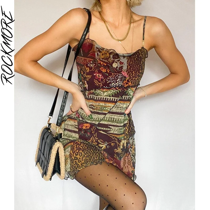 

Rockmore Vintage Print Mini Dresses Women Y2K Mesh Patchwork Spaghetti Strap Dress Backless Boho Beach Party Dress Fairy Grunge