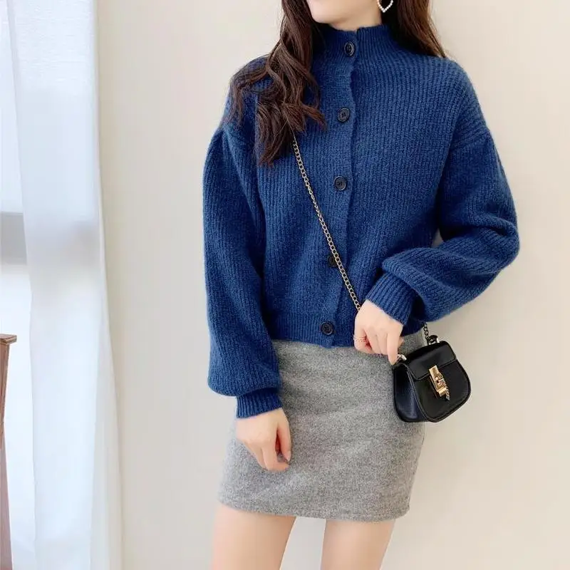

2021 Autumn Fashion New Korean Purple Turtleneck Single-Breasted Sweater Women's Cardigans Loose Long-Sleeved Knit Cardigans