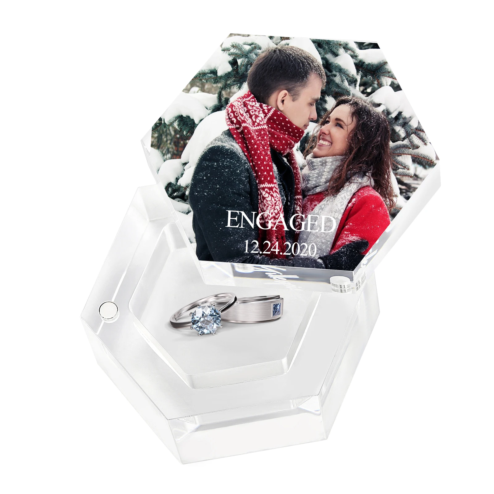 Acrylic Hexagon Box Custom Your Memorial Photo Print Text Engagement Proposal Ring Holder Wedding Rings Bearer Transparent Boxes