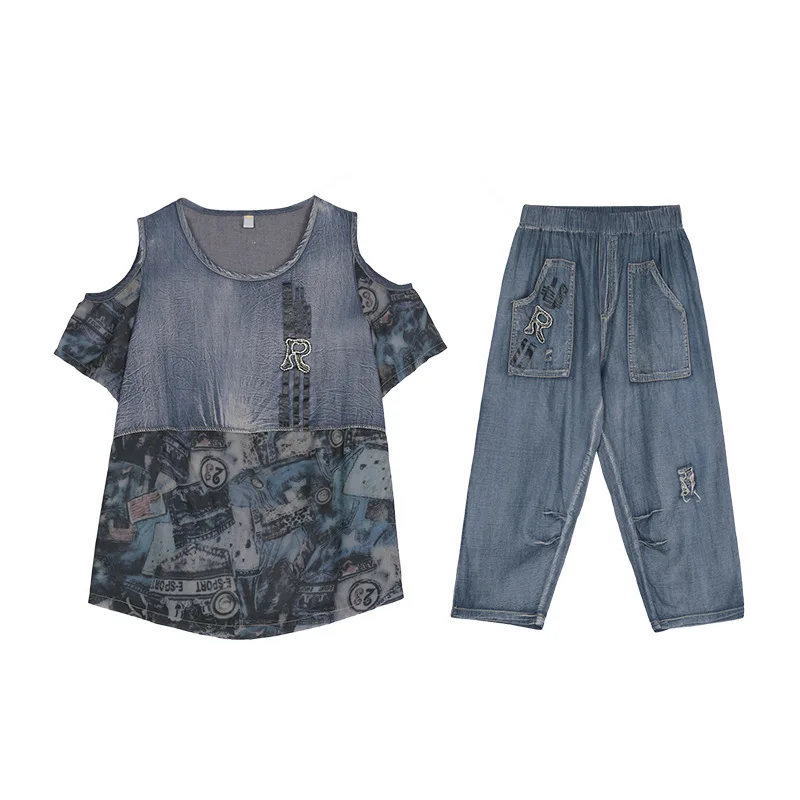 Женский джинсовый костюм Max LuLu Свободный Топ с открытыми плечами и брюки в стиле