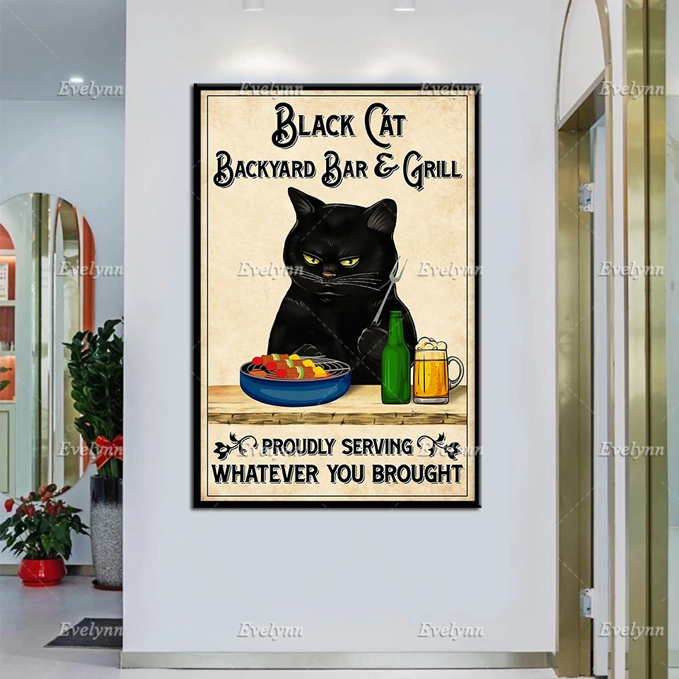 

Black Cat Backyard Bar And Grill Proudly Serving Whatever You Brought Retro Poster Wall Art Prints Home Decor Canvas Unique Gift