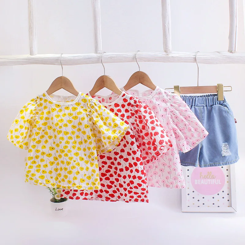 

LZH 2022 Children's Clothing Tracksuit For Boys Summer Suit Short Sleeve Printed T-Shirt+Denim Shorts 2Pcs Sets Baby Girls Sets