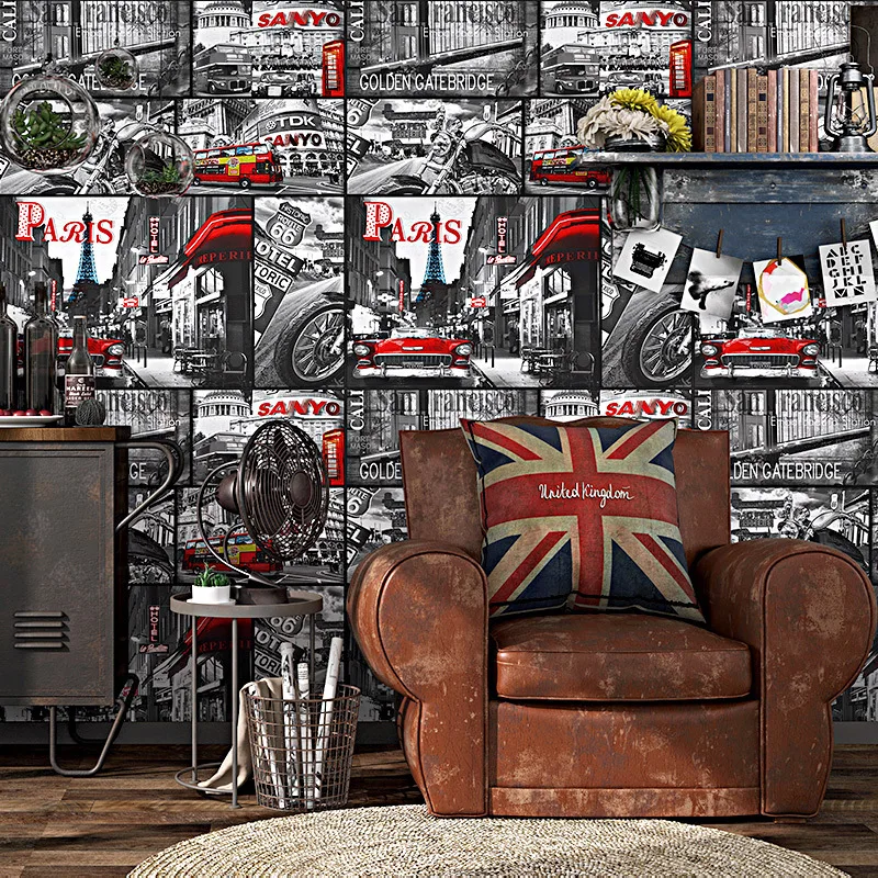 

American retro nostalgic wallpaper loft industrial style newspaper poster personality graffiti Internet cafe bar background wall