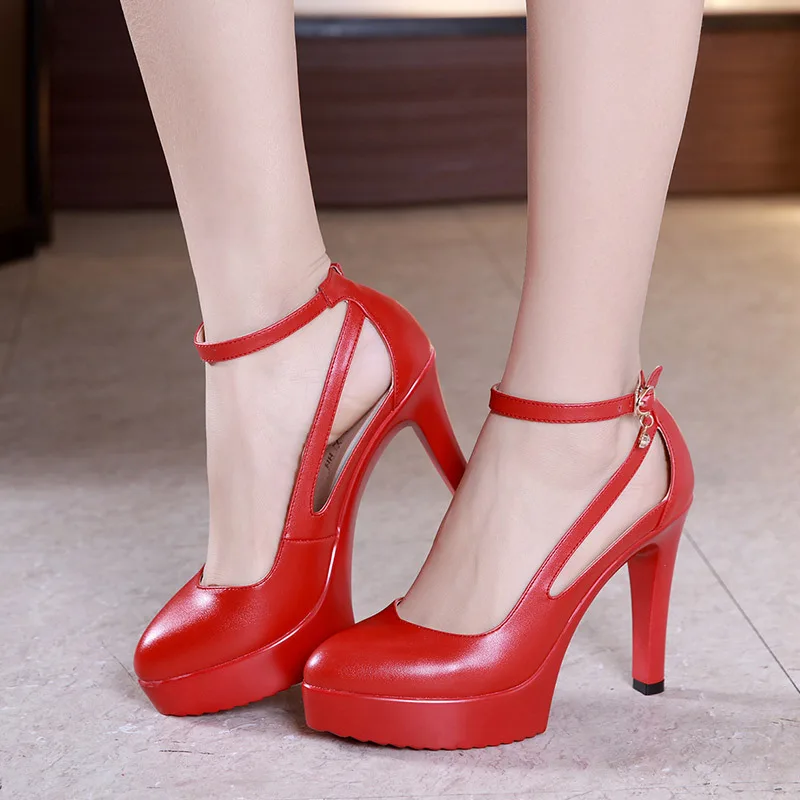 

Summer Dance Shoes Pointed Toe Women's Pumps Buckle Strap Split Leather Platform Shoes High Heels For Ladies Wedding Shoes Bride
