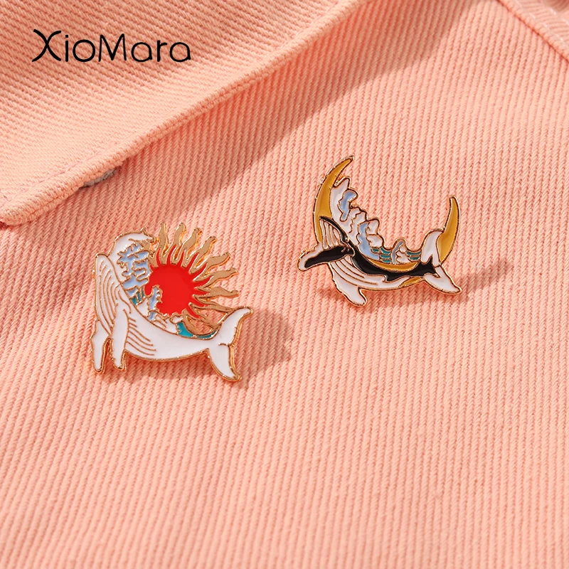

Whale Sea Animal Enamel Pins Whale Sun Moon Sea Wave Pattern Badges On Backpack Bag Clothes Decorative Pin Jewelry Gift