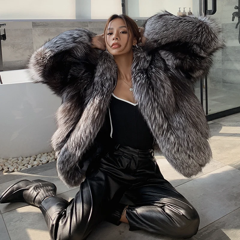 

Ins Imported Whole Skin Silver Fox Fur Coat for Women 2020 Whole Mink Fur Plus Size with Fur Hat Jacket Real Fur Coat Outerwear