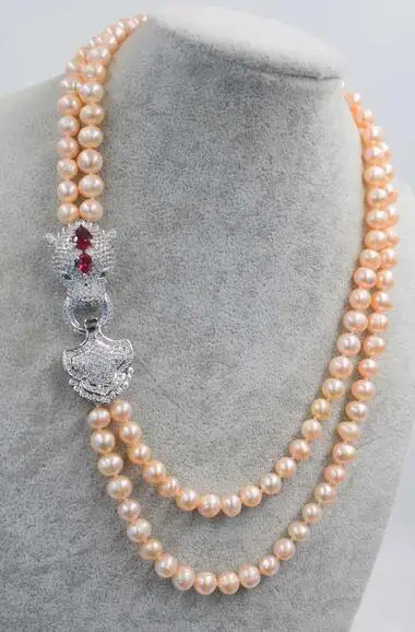 

2rows freshwater pearl pink near round 8-9mm +red leopard clasp 17-19inch necklace wholesale