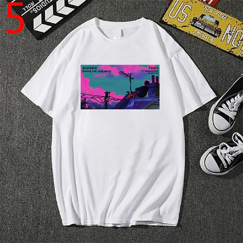 

2021 Singer Powfu T Shirts Design Cans Flower Print T-shirt Men Women Streetwear Hip Hop Short Sleeve T Shirt