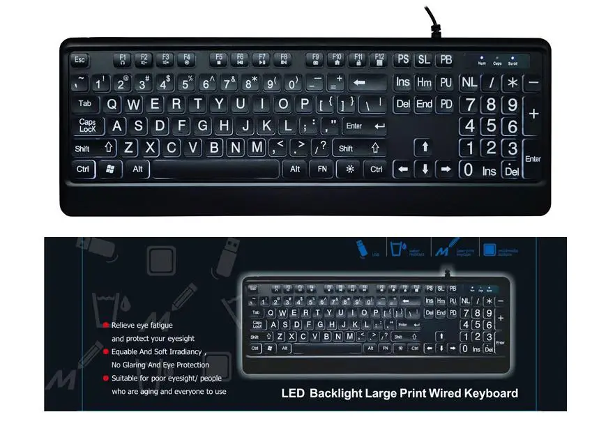 Illuminated Keyboard Large Print Backlit Wired Computer for Old Man | Компьютеры и офис