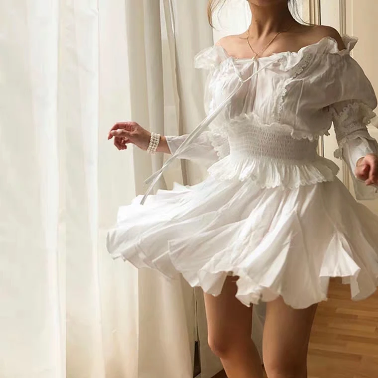 Женская кружевная белая блузка в Корейском стиле и мини-юбка новый топ с