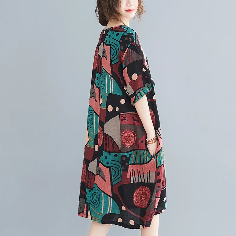 

COIGARSAM Short Sleeve Women New Cotton Linen Loose Dresses Graffiti Dress 1009