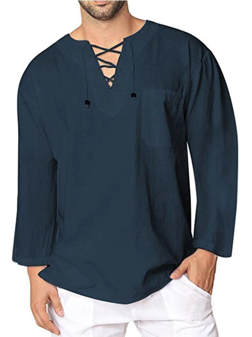 

Men Medieval Clothing Full Sleeve Bandage Cotton Linen Loose T-shirt Solid Color Steampunk Viking Pirate Cosplay Costumes