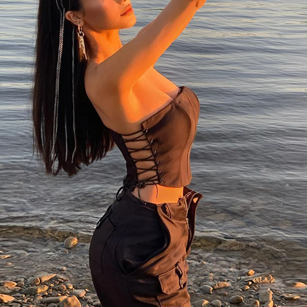 Сексуальные Клубные бандажные Топы на бретельках для женщин и девушек без