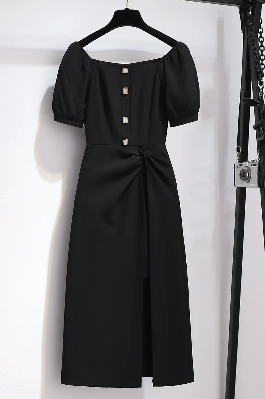 

Dress summer 2021 new self-cultivation temperament square collar irregular split dress for women Straight Square Collar