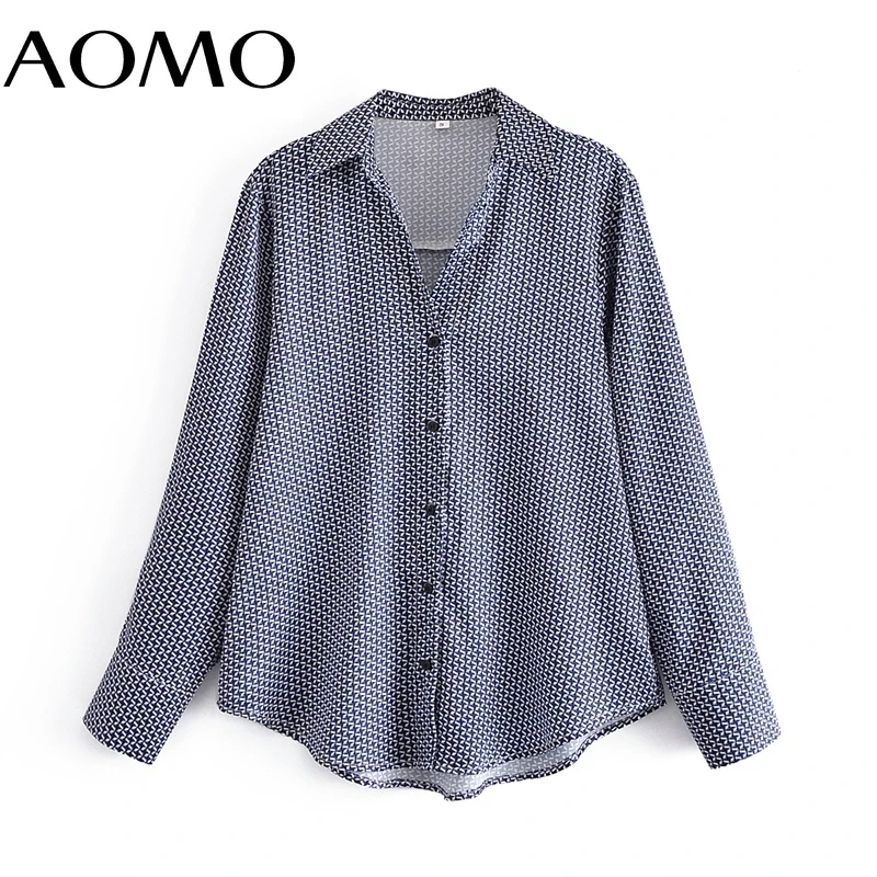 

AOMO Women Geometry Print Shirt Blouse Long Sleeve 2021 New Chic Female Office Lady Tops 3A261A