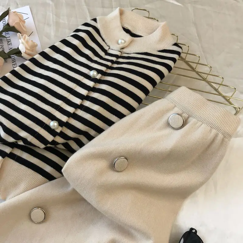 Neploe, маленький аромат, Chandal Mujer, винтажный, для взрослых, полосатый, вязаный, Женский комплект, Осень-зима, короткий кардиган+ широкие штаны, 46470