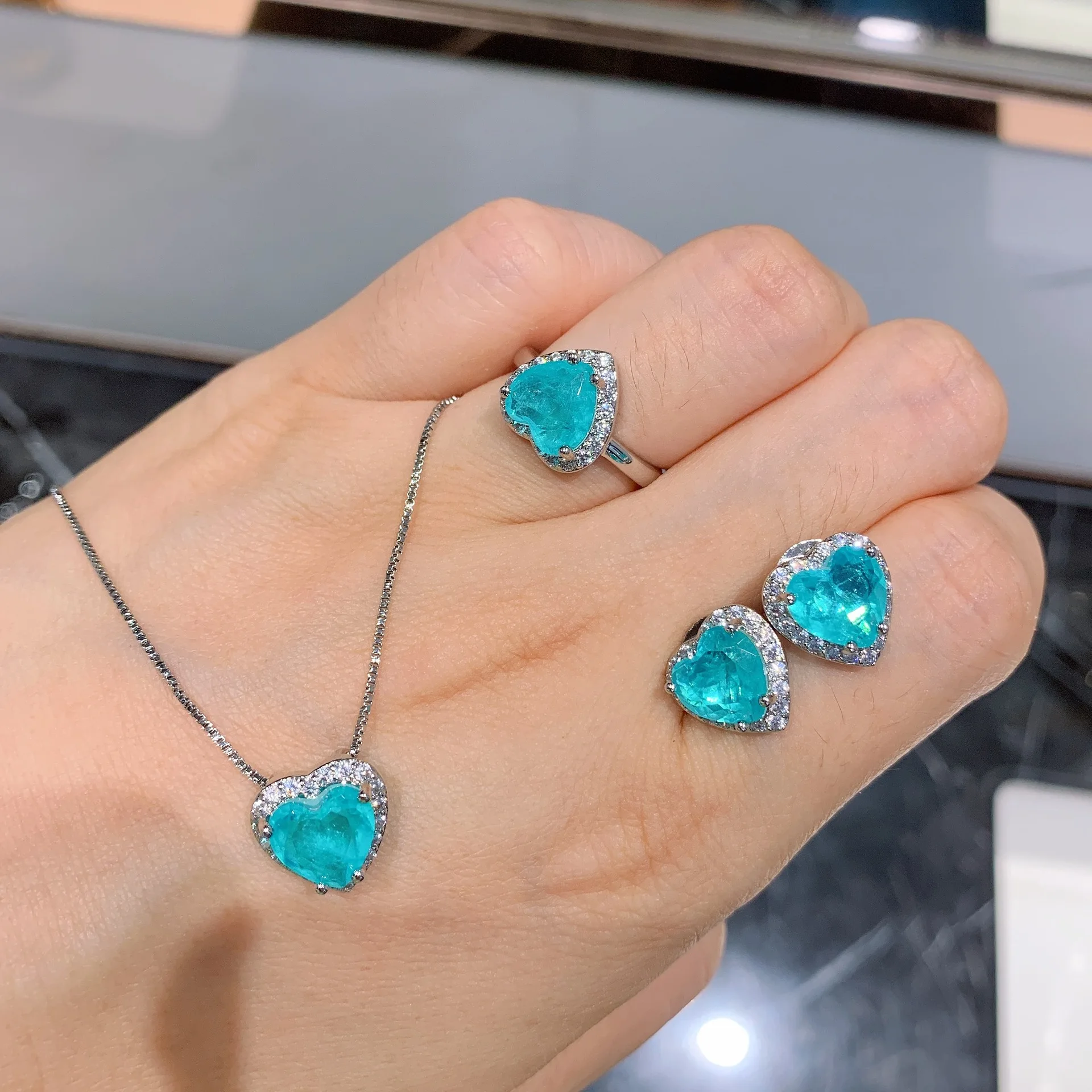 

Women's Jewelry Set Heart Pendant Necklace Earrings Ring Paraiba Jewelry Set Bridal Dress Accessories For Women Prom Jewelry